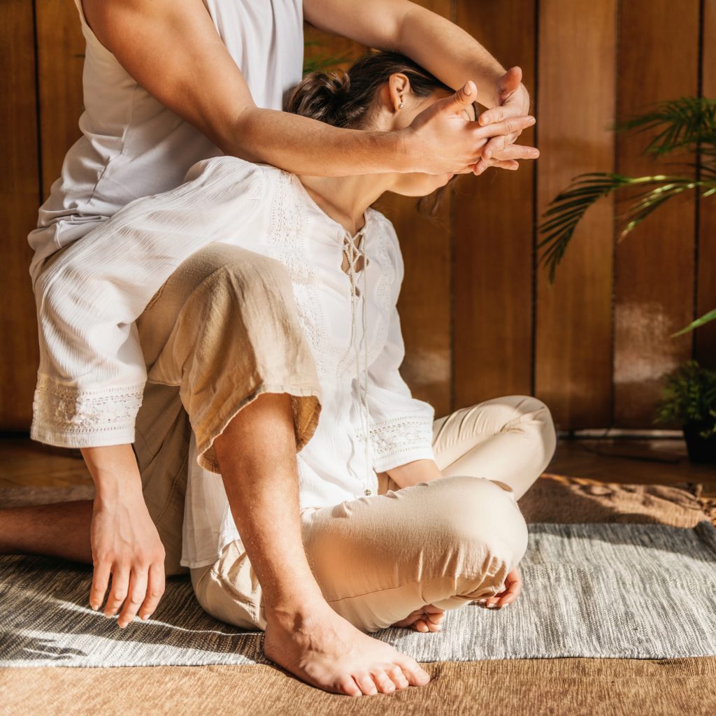 thai,passive,neck,stretching,massage,treatment.,beautiful,woman,sitting,and